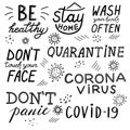 Coronavirus, quarantine, covid-19, be healthy, don`t panic, Don`t touch your face, stay home, wash your hands, set Royalty Free Stock Photo